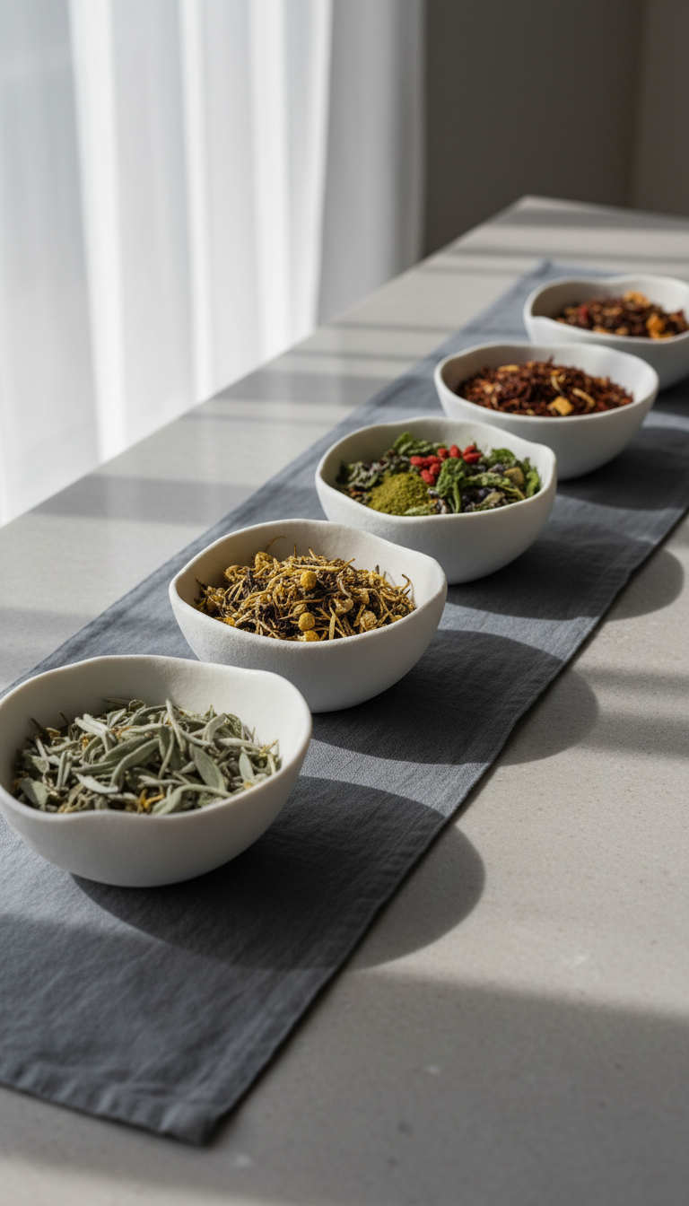 A refined, sculptural arrangement of matte white porcelain bowls, each containing a different blend of dried herbal teas in muted greens, pale golds, and soft russet hues. The bowls rest on an elongated, slate-gray linen runner over a minimalist stone countertop. Gentle overcast window light, filtered through semi-sheer curtains, brings out delicate shadows and highlights across the porcelain and dried herbs, yielding an atmosphere of quiet ritual. The camera angle is slightly oblique, encouraging visual movement along the line of bowls, with a restrained, elegant composition and a shallow depth of field. The style is clean and photographic, perfectly echoing the site’s sophisticated, holistic spirit.