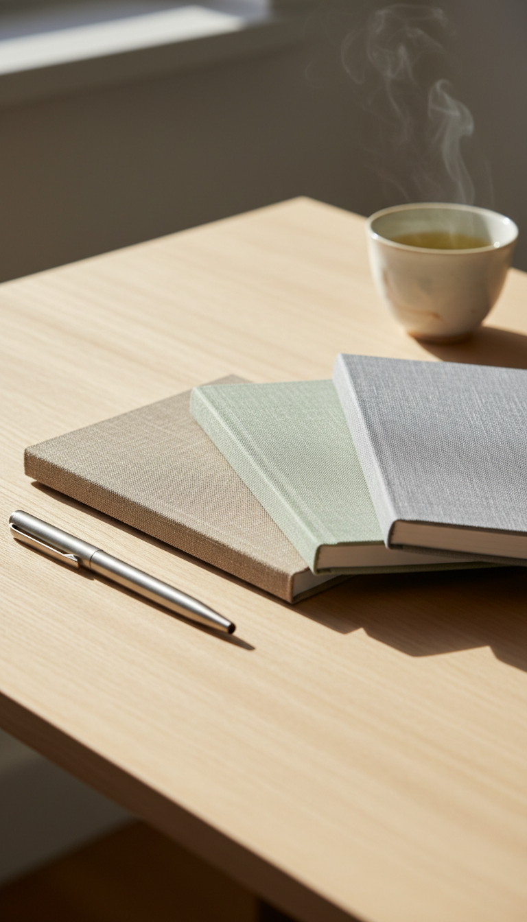 A collection of elegant, minimalist wellness journals with textured linen covers in muted taupe, sage green, and dove gray, arranged in a gentle fan atop a refined light wood desk. A single slender pen with a brushed steel finish lies next to the journals, and a delicate ceramic cup filled with herbal tea appears in soft focus in the background. Soft afternoon sunlight streams in from a high window, casting gentle, elongated shadows and lending a tranquil, contemplative ambiance. The scene is framed with asymmetrical balance and a shallow depth of field, emphasizing the tactile quality of the journals. The overall effect is serene and minimal, exuding sophistication and artistic restraint in a photographic style.