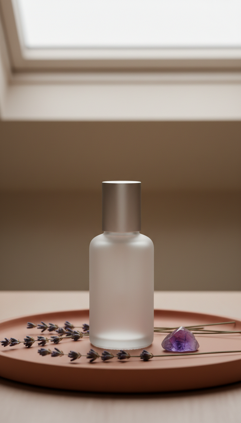 An artisanal glass essential oil bottle with a frosted, matte finish, featuring an understated silver cap, placed atop a smooth, muted terracotta tray. Surrounding the bottle, a few scattered lavender sprigs and a single, small polished amethyst crystal introduce gentle accents of natural color and texture. Subtle, diffused backlighting from a frosted skylight produces delicate silhouettes and soft reflections, bathing the scene in a tranquil, luxurious aura. The composition utilizes the rule of thirds, with foreground elements in sharp focus and gently blurred background gradients. The overall feeling is sophisticated and restorative, supporting a refined, photographic minimalist style.