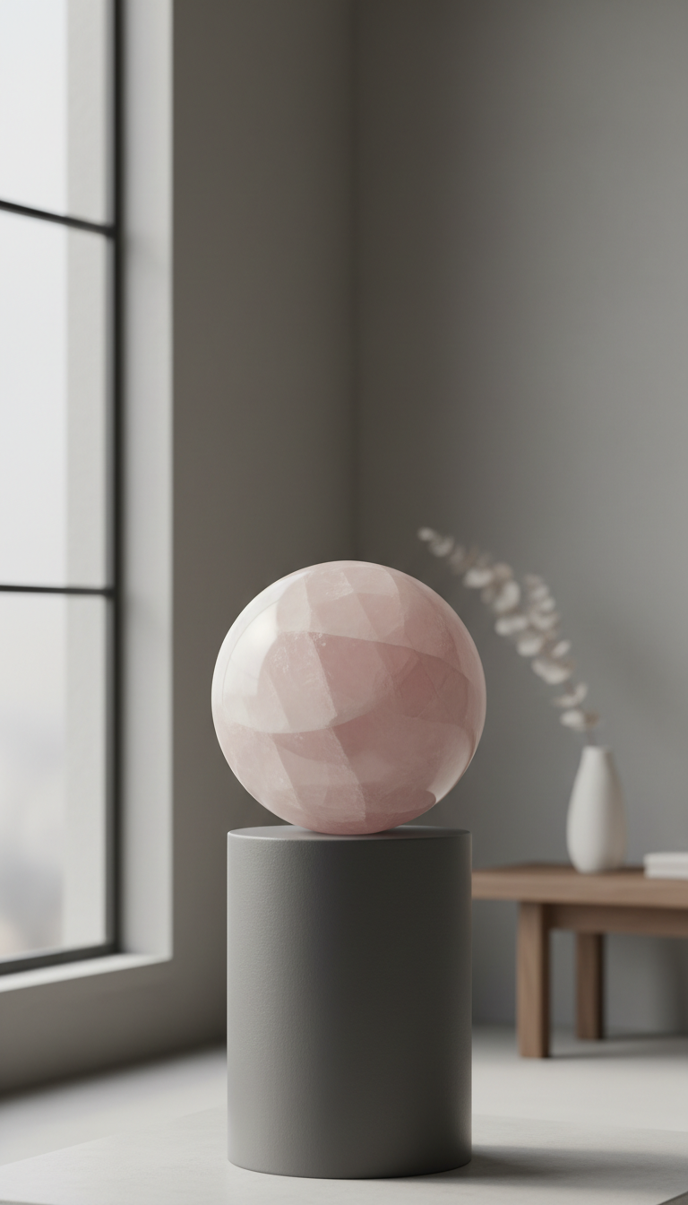 An immaculate, hand-carved rose quartz crystal sphere resting atop a smooth slate pedestal, its nuanced pink tones enhanced by a gentle matte finish. It sits in a serene corner of a tranquil, minimalist studio, with cool gray walls and a large frosted glass window filtering diffuse morning light. The lighting creates soft gradients across the crystal’s surface, highlighting its subtle internal inclusions. The mood is calm and sophisticated, evoking a sense of clarity and inner peace. Photographed from an eye-level perspective, the crystal is sharply focused, while the background dissolves into elegant, muted tones for a refined depth. The composition is centrally balanced, with minimalist decor contributing to a quietly luxurious, photographic realism.